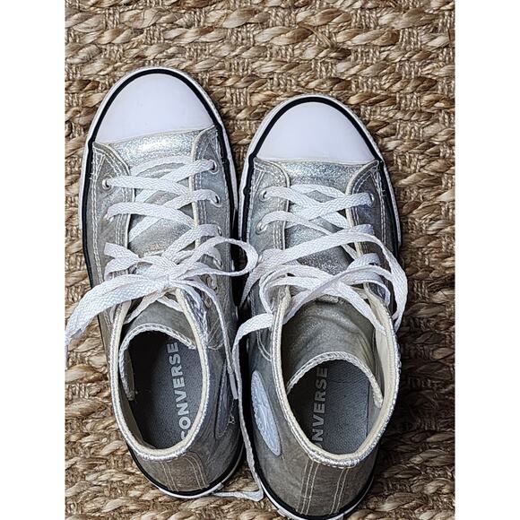 CONVERSE COATED SILVER GLITTER CHUCK TAYLOR ALL STAR KIDS Size 2 Hi Top - Picture 9 of 11